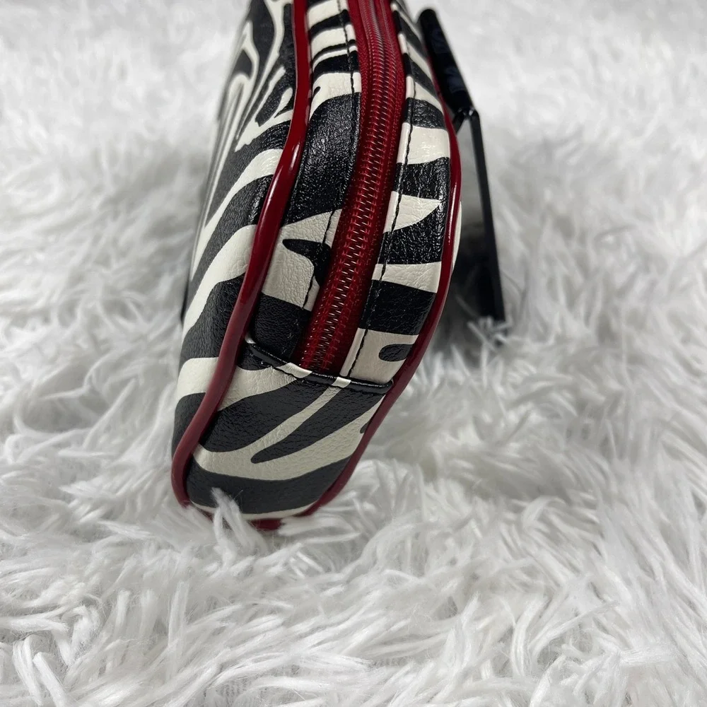 NWOT Grace Adele Zebra Print Cosmetic Bag Black‎ White Red Faux Leather Case